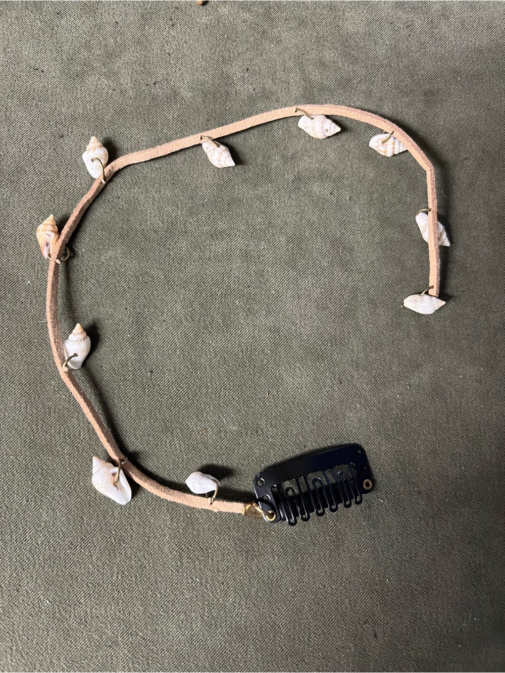 Shell Charm Beige clip on Hair comb on tan suede lace